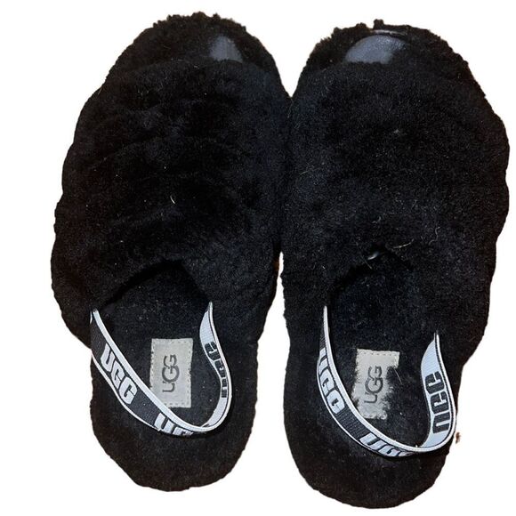 Ugg Black Fur Slides Sandals Size 4 - Picture 2 of 6